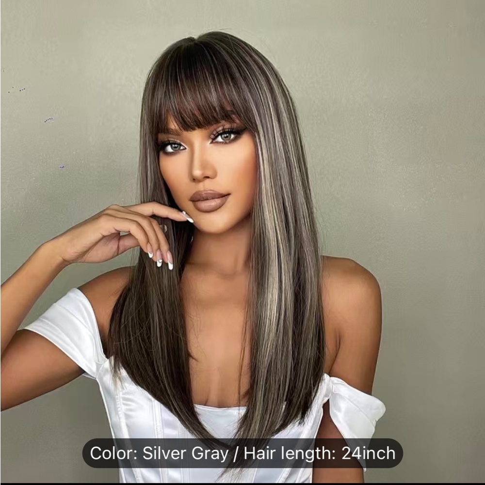 - Human hair blend brown highlights sliver gray wig.